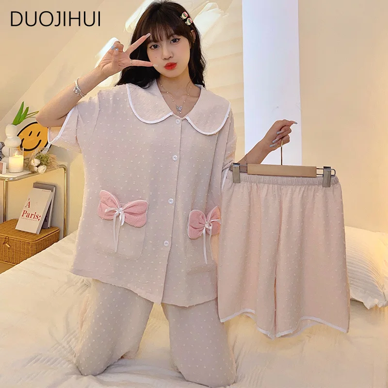 DUOJIHUI Summer Sweet Three-piece Home Female Pajamas Sets Single Breasted Cardigan Simple Pant Fashion Loose Pajamas for Women