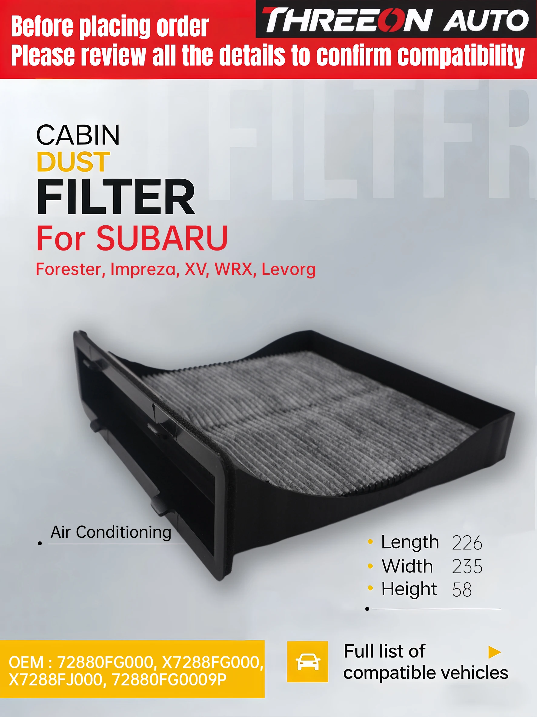 Para SUBARU SH SJ IMPREZA GP,GR,GH,G3,GE,GV SUBARU XV 1.6 2.0 Filtro de cabine de carvão ativado 72880-FG000 CU22004 MK9800