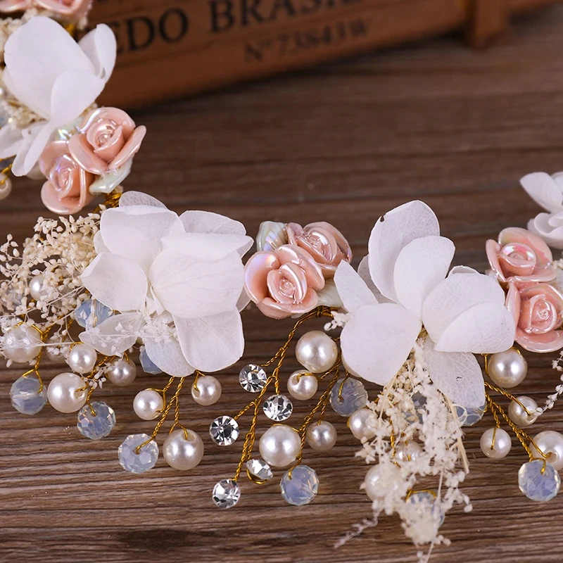 Gold Flower Tiara Headbands Pearl Crystal Bridal Hair Accessories For Women Wedding Hairbands Handmade Headpiece Hair Ornaments