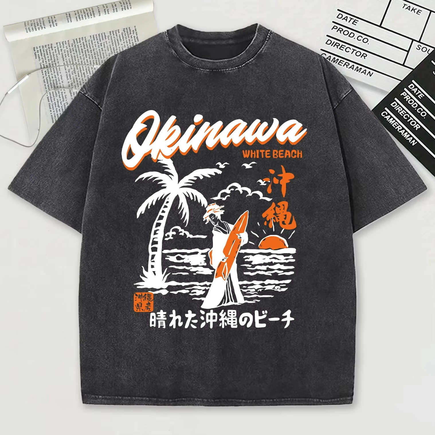 Okinawa-Camiseta Retro con diseño de playa para hombre, ropa suave de verano, Tops lavados con cuello redondo a la moda, ropa informal de algodón de gran tamaño