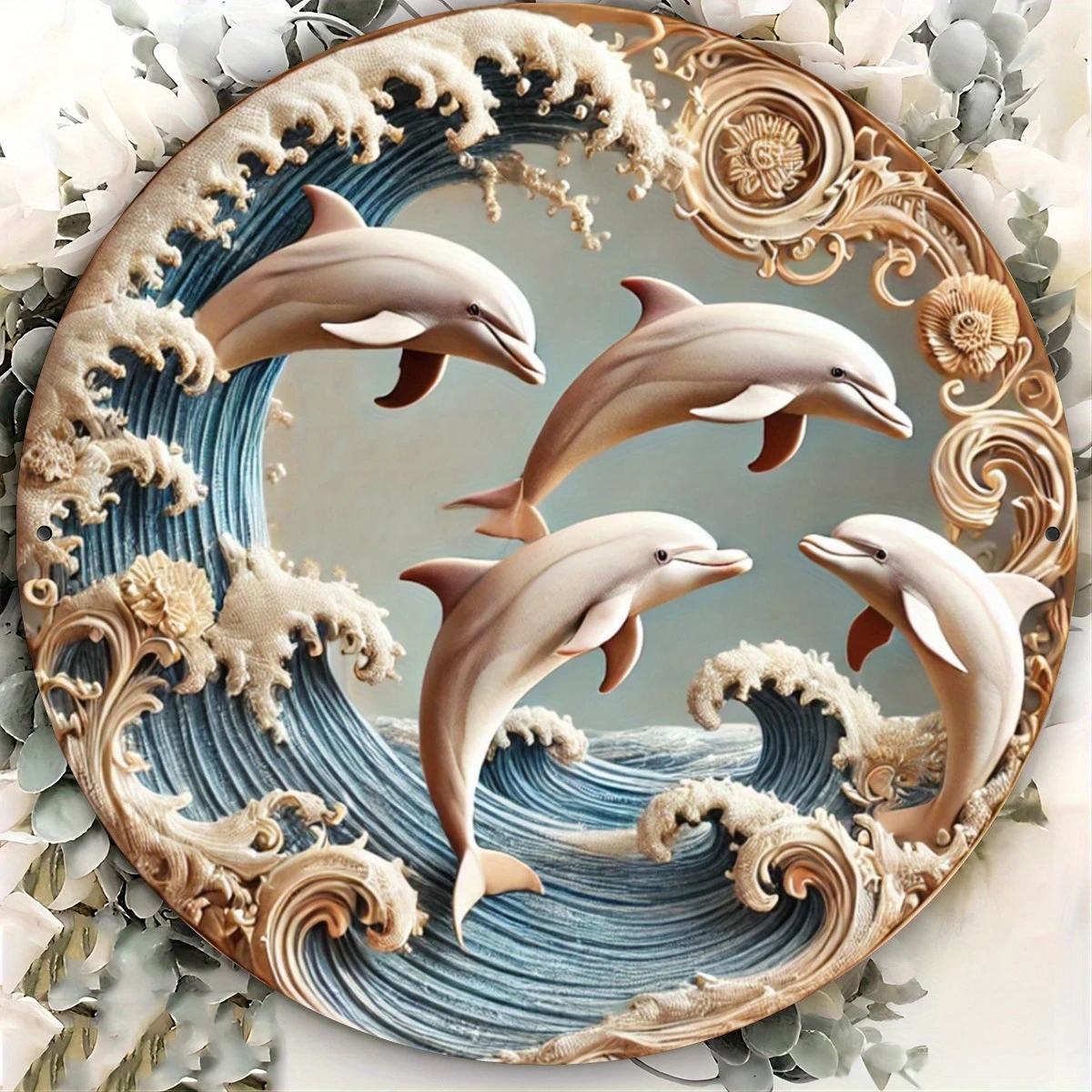 2D Wooden Disc Dolphin Underwater Theme Sign 8 Inch Design Decorative Art Durable Wall Plaque Bedroom Office Cafe Bar