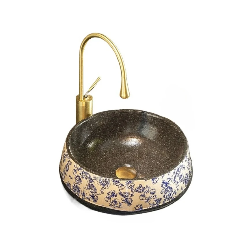 

Retro blue and white countertop basin ceramic balcony countertop basin bathroom outdoor round basin
