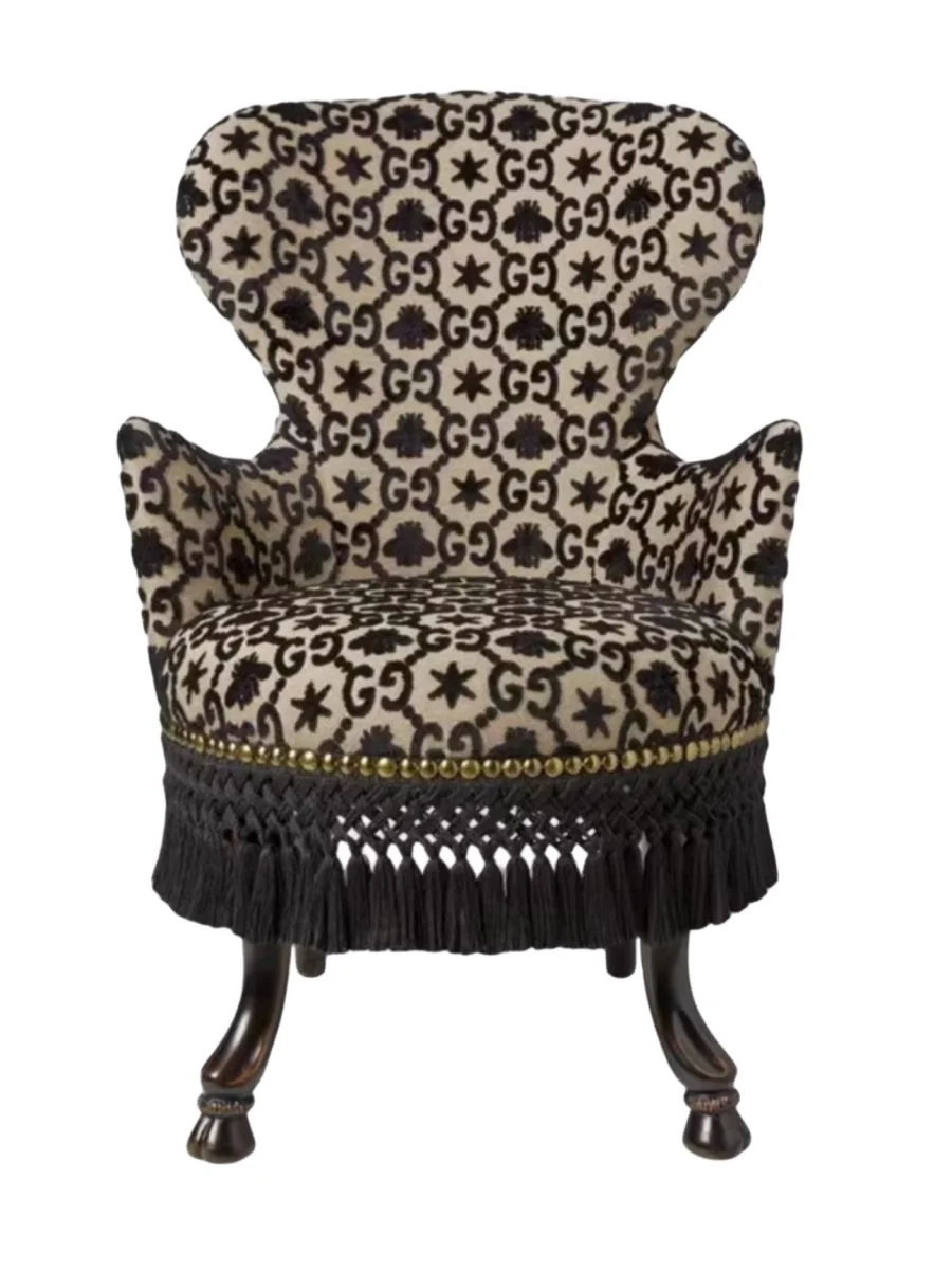 French carved high-end armchair, pre-loved GUCCI with jacquard solid wood black single armchair, neoclassical