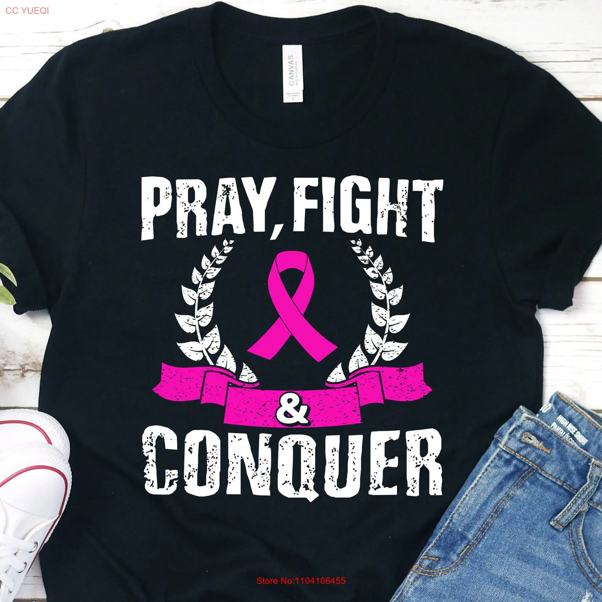 Pray Fight Conquer T Shirt Breast Cancer Awareness Pink Ribbon s Survivor long or short sleeves