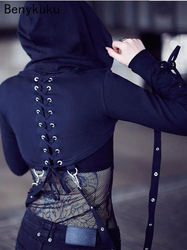 Y2K Gothic Hoodies Hooded Long Sleeve Eyelet Suspenders Solid Black Crop Sweatshirt For Woman Streetwear Punk Hoodies 2024