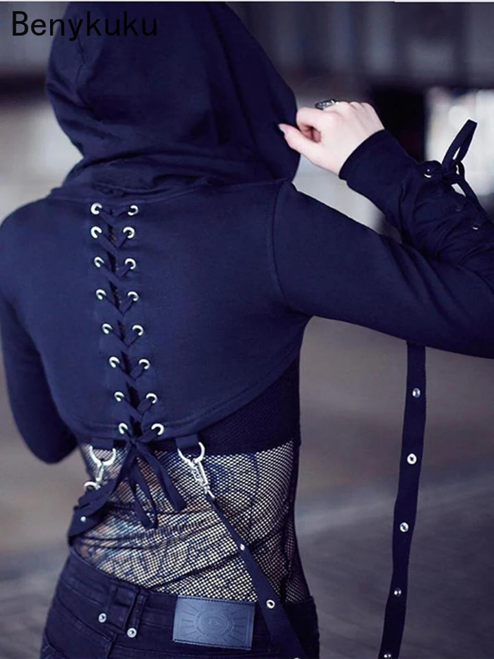 Y2K Gothic Hoodies Hooded Long Sleeve Eyelet Suspenders Solid