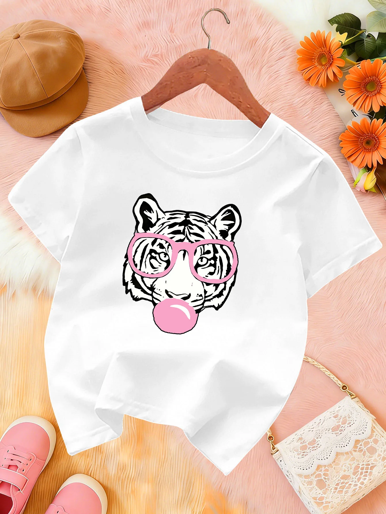 Tiger Glasses Bubble Gum Print Kids T Shirt Boys Girls Soft Cotton Short Sleeve Parent Child Summer Daily Kid Basic Fashion Tee