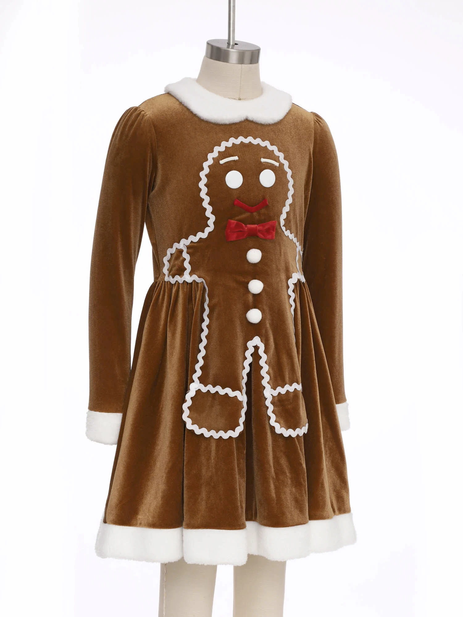 أطفال بنات عيد الميلاد المخملية فستان عيد الميلاد الزنجبيل رجل تأثيري أداء زي طويل الأكمام الزنجبيل الخبز نمط سستة ثوب #3