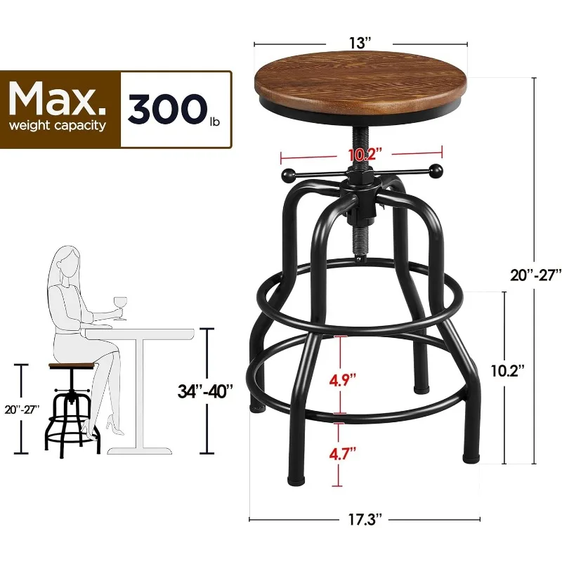 Industrial Bar Stool Vintage Counter Stool Rustic Counter Height Bar Stool Adjustable Metal Stool with Round Chair 20-27 In，1PCS