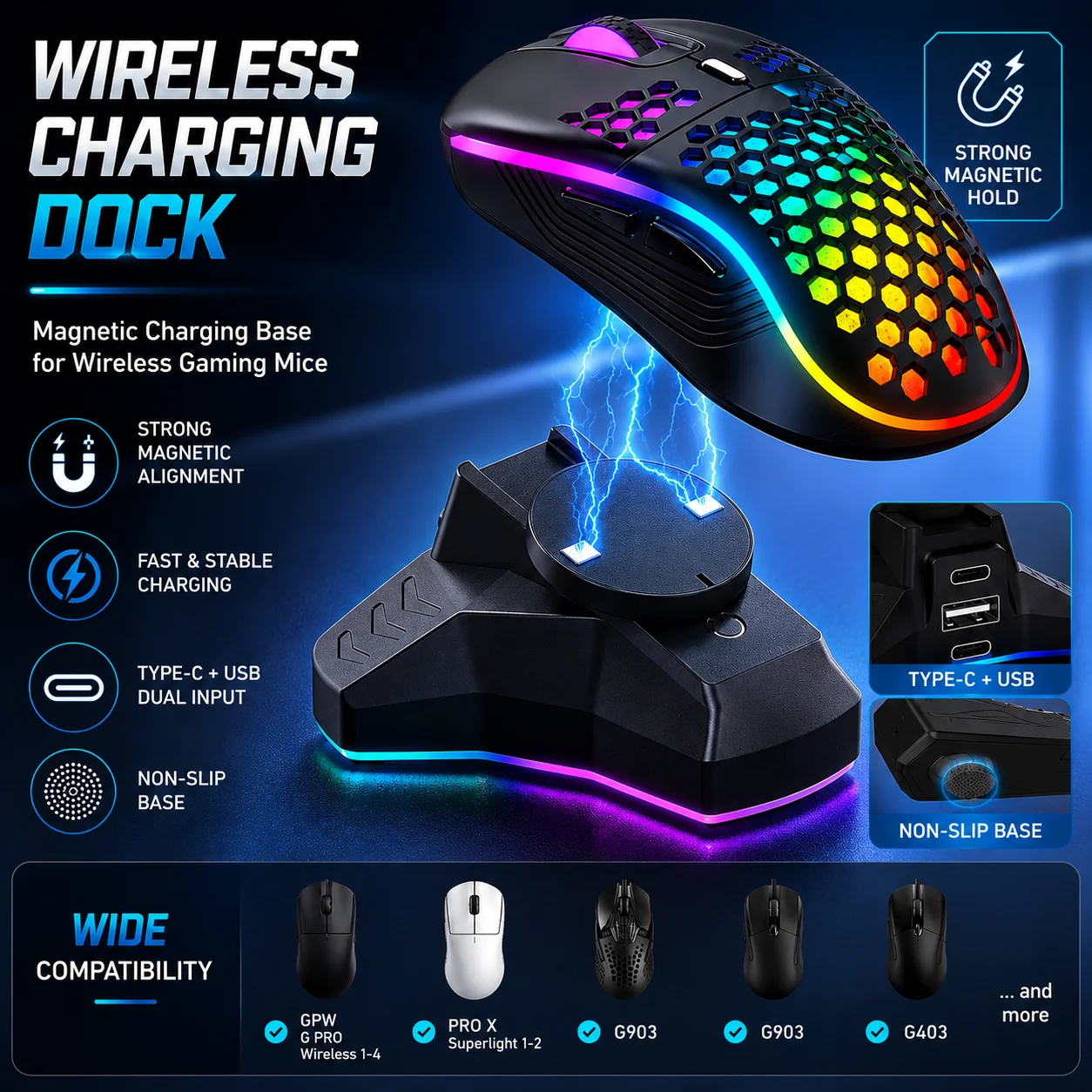 Innovative Mouse Charging Dock Station for Logitech GPW G Pro Wireless 1-4/PROX Superlight 1-2/G903/G403 Gaming Mouse Charger