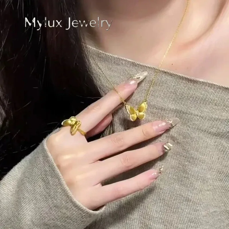 Mylux Jewelry Luxury 24K 9999 Pure Gold real gold Women's Brushed Beads Edge Butterfly Necklace