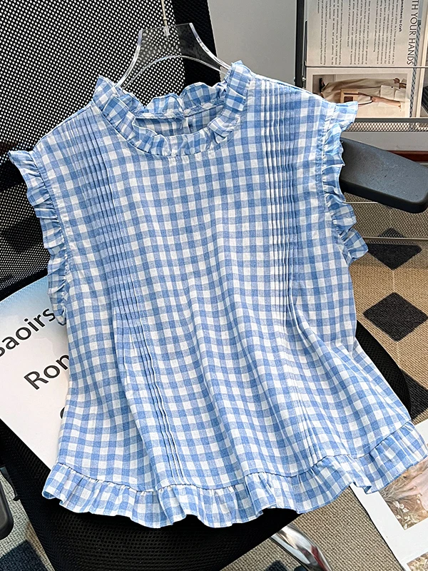 

Blue And White Plaid Cotton Linen Shirt Women Summer Vintage Style Loose Sleeveless Top with Ruffle Collar Button Detail