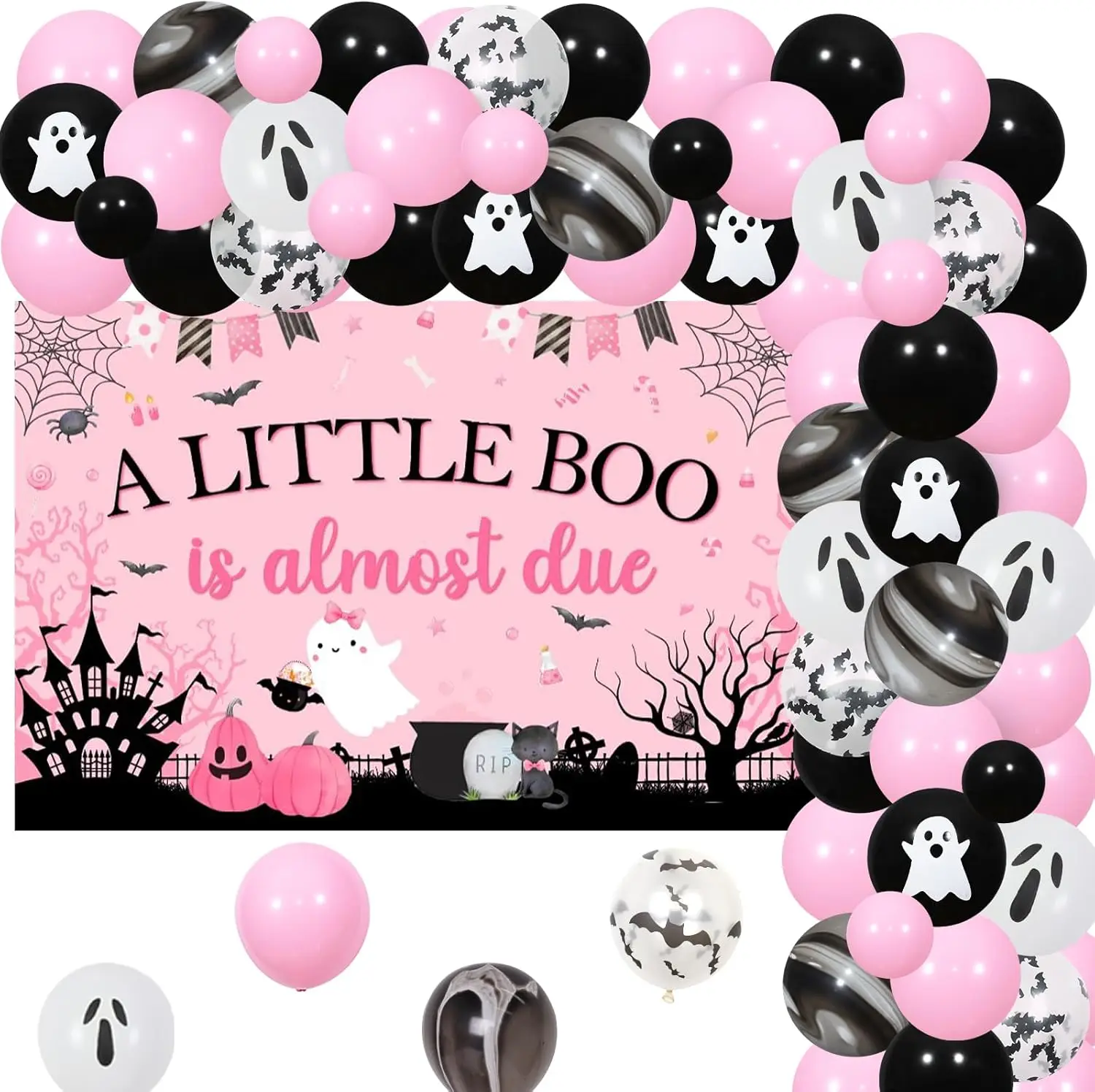 

fangleland Halloween A Little Boo Is Almost Due Baby Shower Decorations Pink and Black Balloons Garland Arch Kit Ghost Backdrop