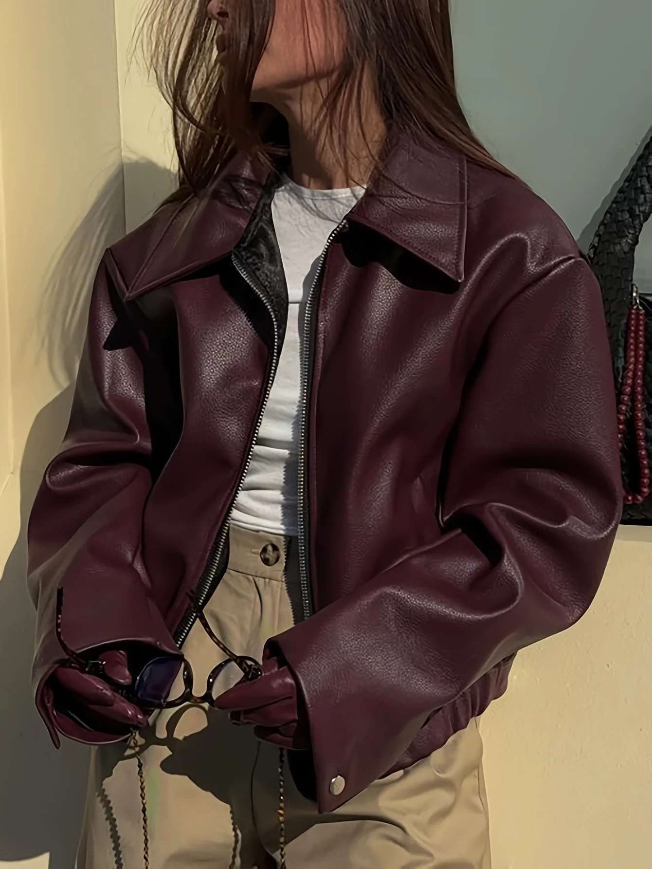 Cool ort cuir Jaet femmes décontracté américain Sle rétro Biker vêtements fermeture éclair coupe ample longue Sve col montant manteau