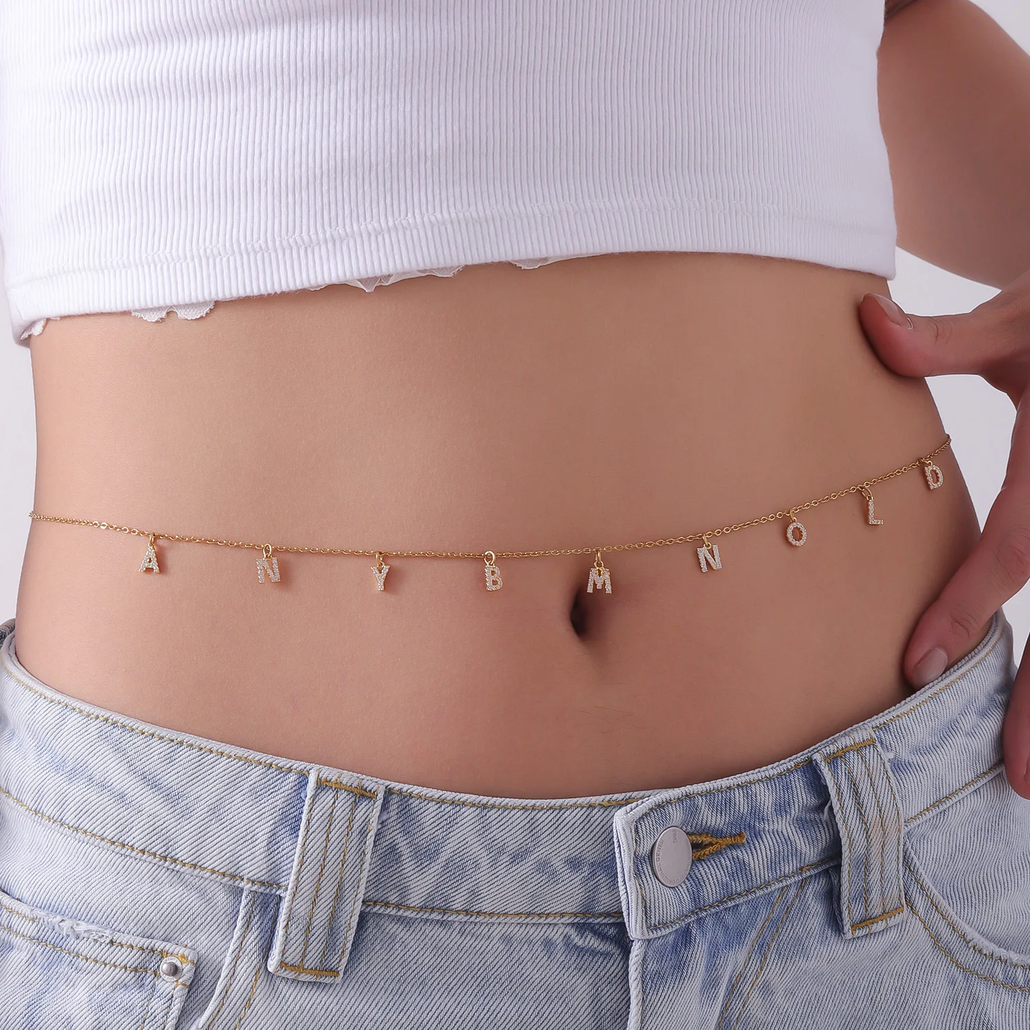 Qitian Customized Initial Name Waist Chain Personalized 18k Gold Plated Belly Layered Body Charm Pendant Stainless Steel Jewelry