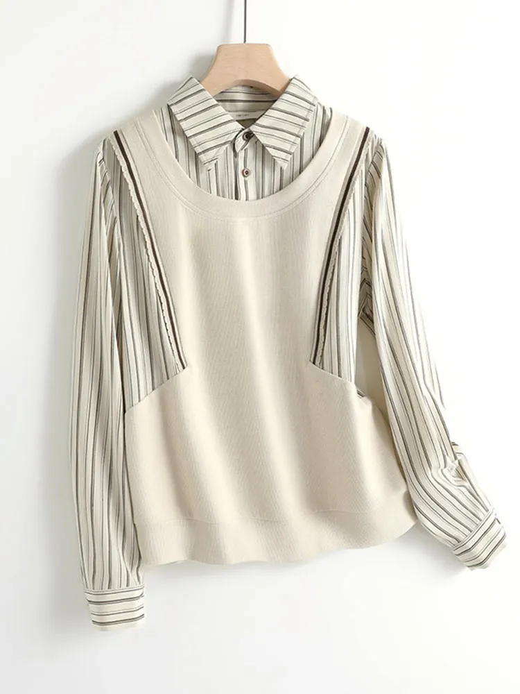 

Comfortable Long Sve irt Design Sense Fake Two-Piece Lazy Sle Simple Early Autumn New Sweatirt Women's Faion