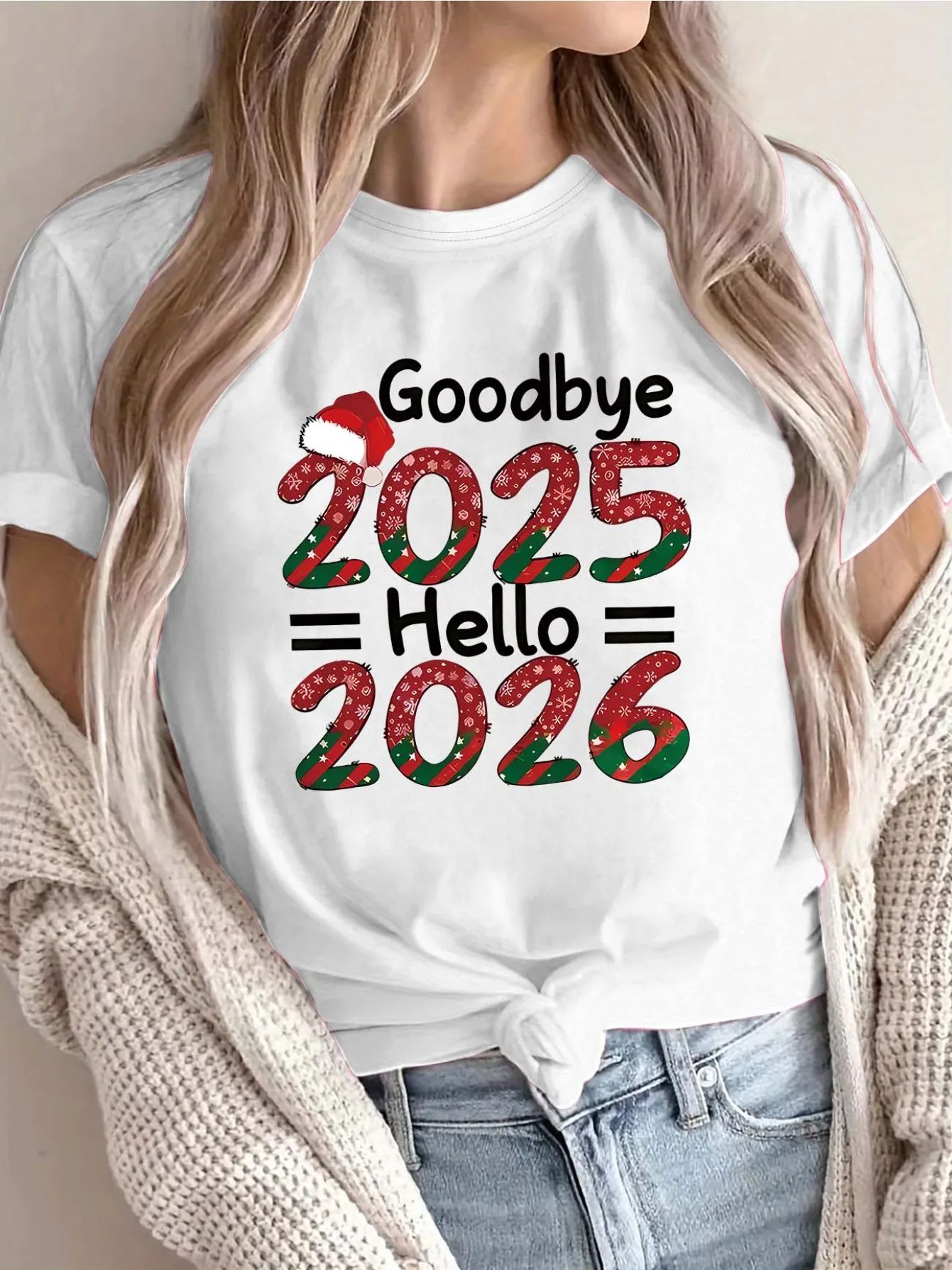 

Women's T-Shirt Goodbye 2025 Hello 2026 New Year Eve Design Short Sleeve Round Neck Casual Top Women Daily Wear Clothing