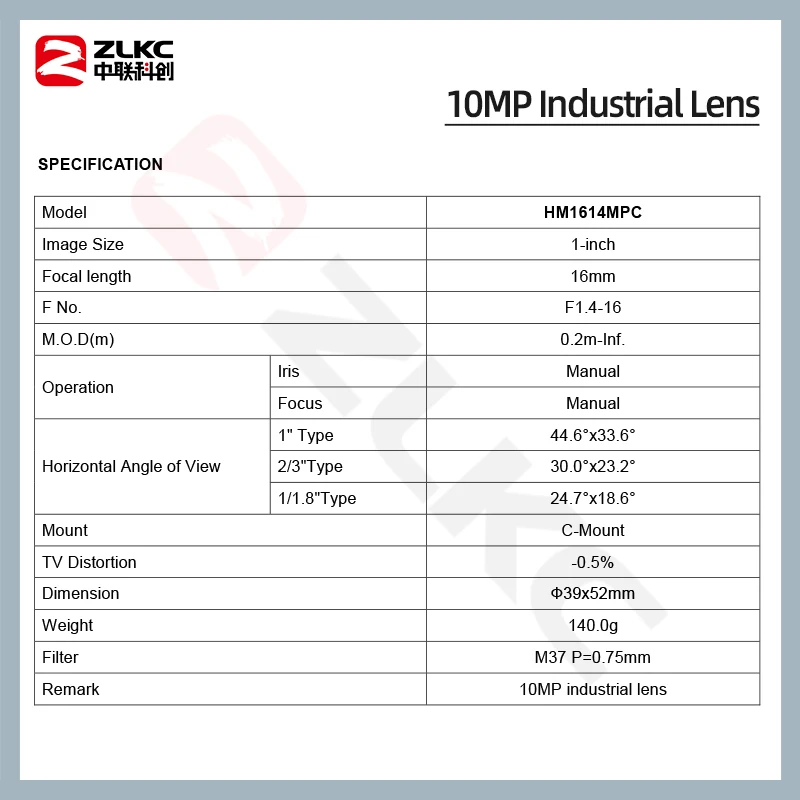 ZLKC 10MP Lens 16mm 1 Inch C Mount F1.4 10Megapixel Low Distortion Machine Vision Manual iris Lens for Industrial Camera