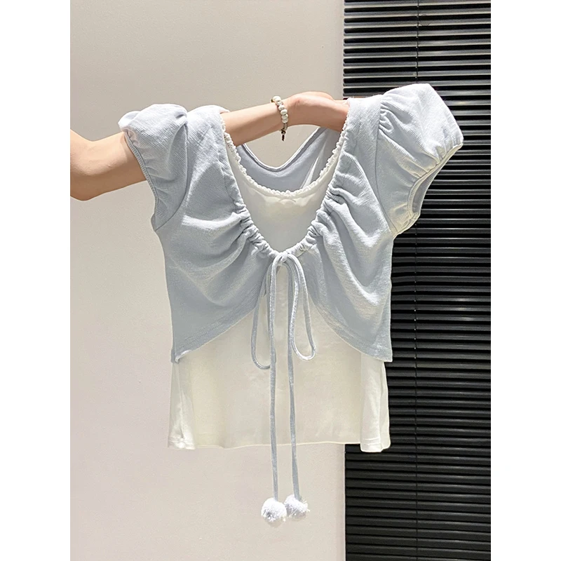 Fake Two-piece Drawstring Pompom Short-sleeved T-shirt for Women, 2026 Summer Puffed Sleeves, Slim-fitting  Slim-appearing Top