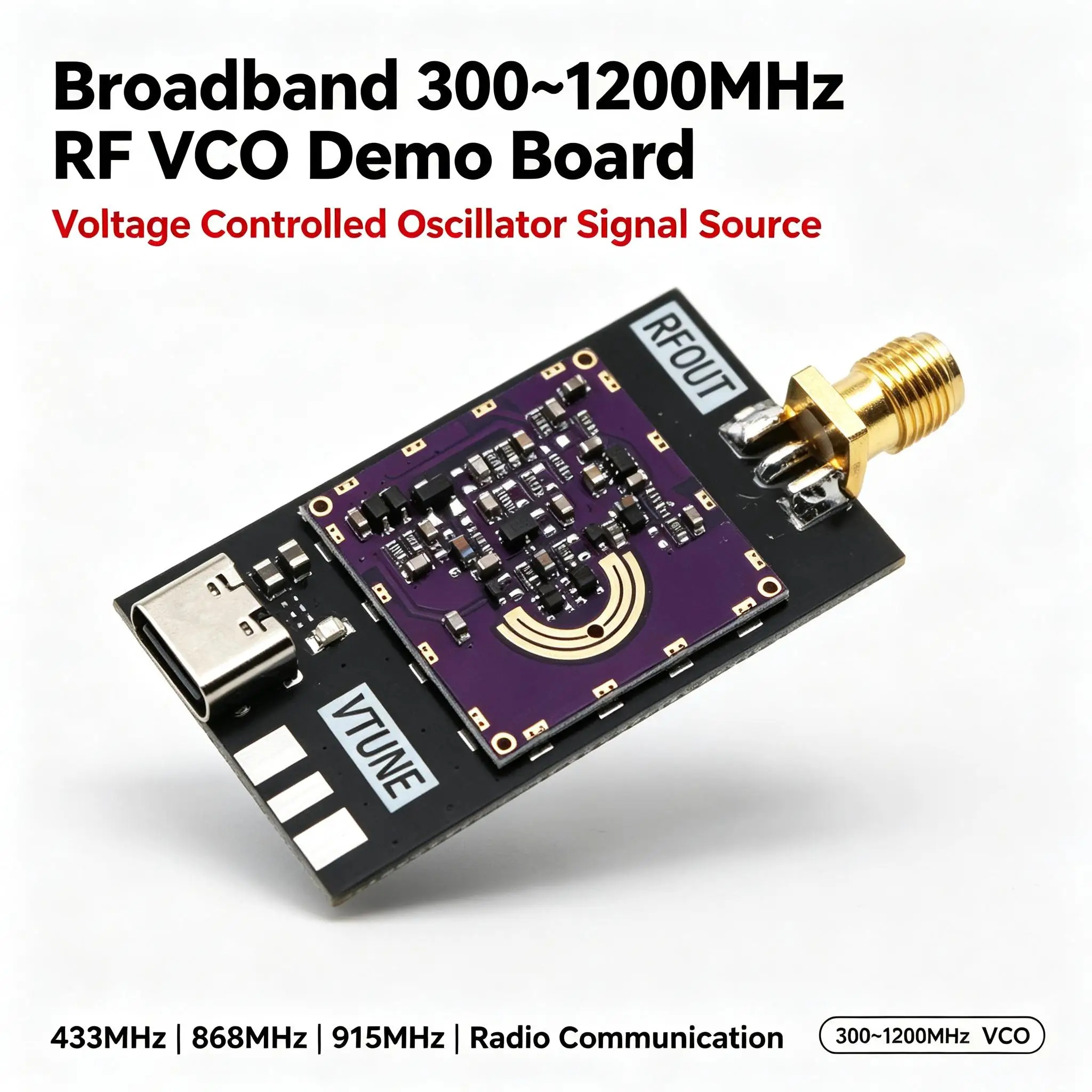 DYKB RF VCO Broadband 300-1200MHz Demo Board Voltage Controlled Oscillator Signal Source 433MHz 868MHz 915MHz Radio Comm Modules
