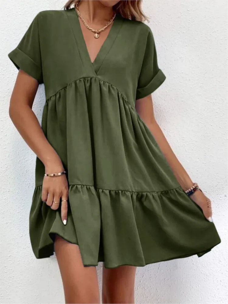 

Women's Casual Short Skirt Fresh Sweet V-neck Cake Solid Color Big Swing Elegant Summer New Arrival Solid Color Holiday Dress