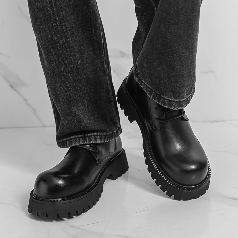 Black Thick Soled Men High Top Boots Solid Color Height Increasing Business Simple Fashionable Casual Men Boots