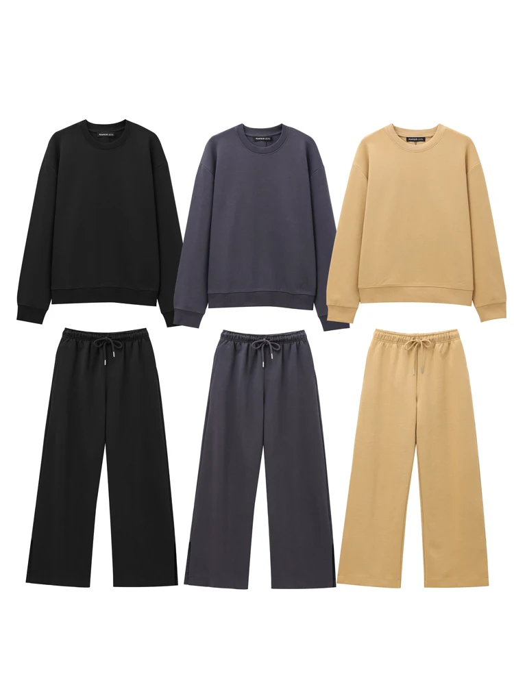 KAOPU ZA Women interlock round neck sweatshirt and with drawstring vents mid-waist trousers two pieces sets muje