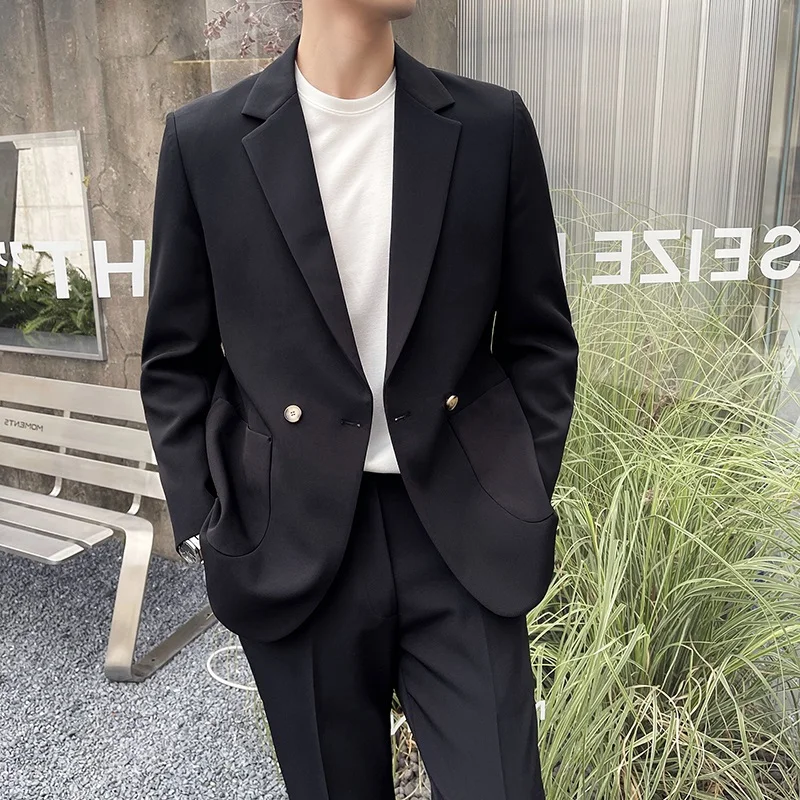 

Повседневный свободный мужской костюм-двойка в корейском стиле, модный, с длинным рукавом, на двух пуговицах, стандартный крой, однотонный, с плоским воротником