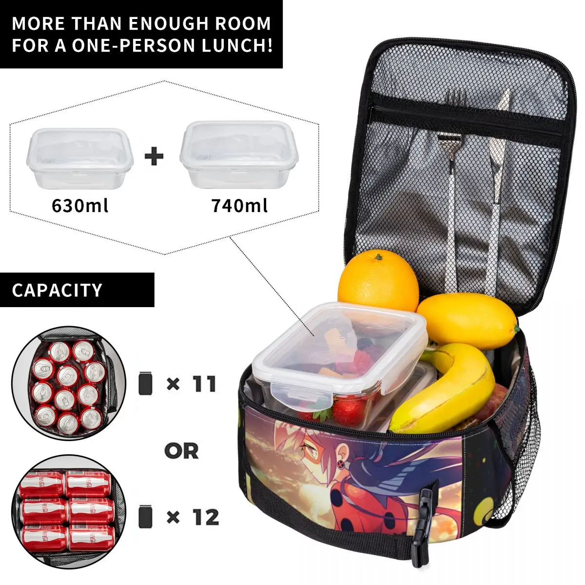 Bridgette Night Miraculou Geïsoleerde Lunchtas Thermische Tas Lunchcontainer Hoge Capaciteit Draagtas Lunchbox Voedselopbergzakken School