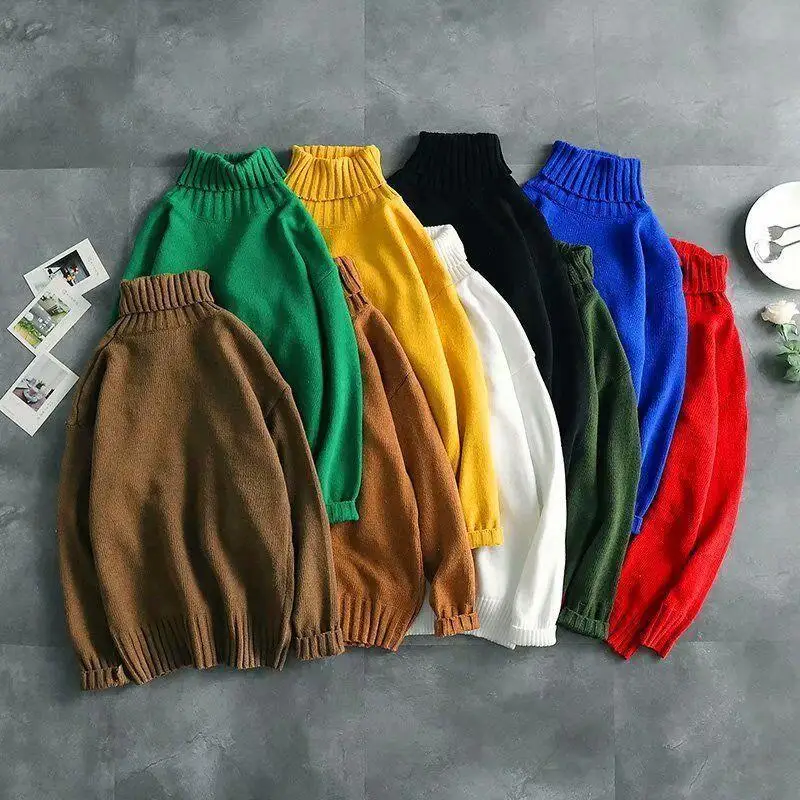 Solid Color Turtleneck Sweater Winter Wool Knit Pullovers Korea Style Loose Sweaters Oversize Men Clothing Harajuku Knitted