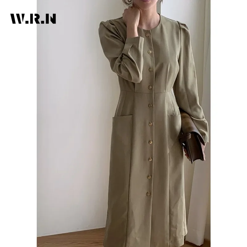 2024 Winter Vintage Long Sleeve Round Neck Midi Solid Color Shirt Dresses Women Elegant Classic Office Lady A-Line Blouse Dress