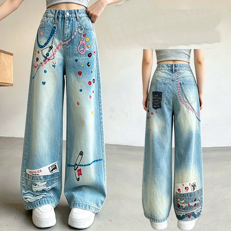 New Summer Kids Street Loose Straight Jeans for Girls Fashion Denim Wide Leg Pants Children Casual Trousers With Heart Pattern