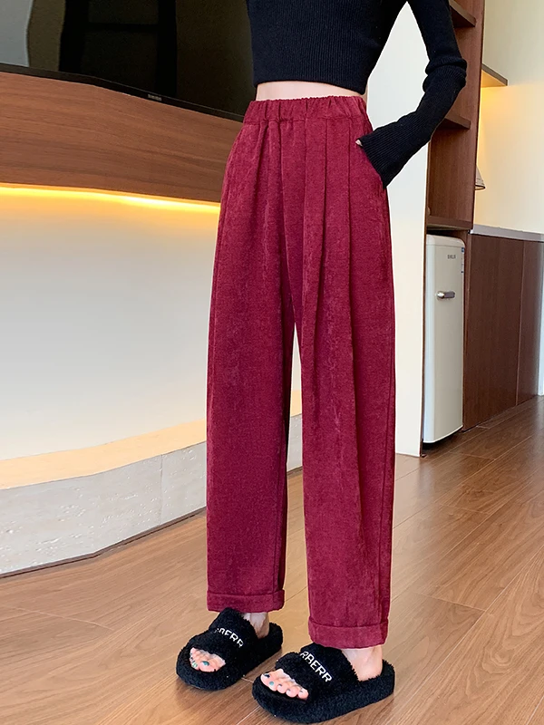 بسيطة عارضة فضفاض واسعة الساق السراويل عالية الخصر المخملية اللون المرأة الخريف Faion مستقيم الساق السراويل مع كيتس