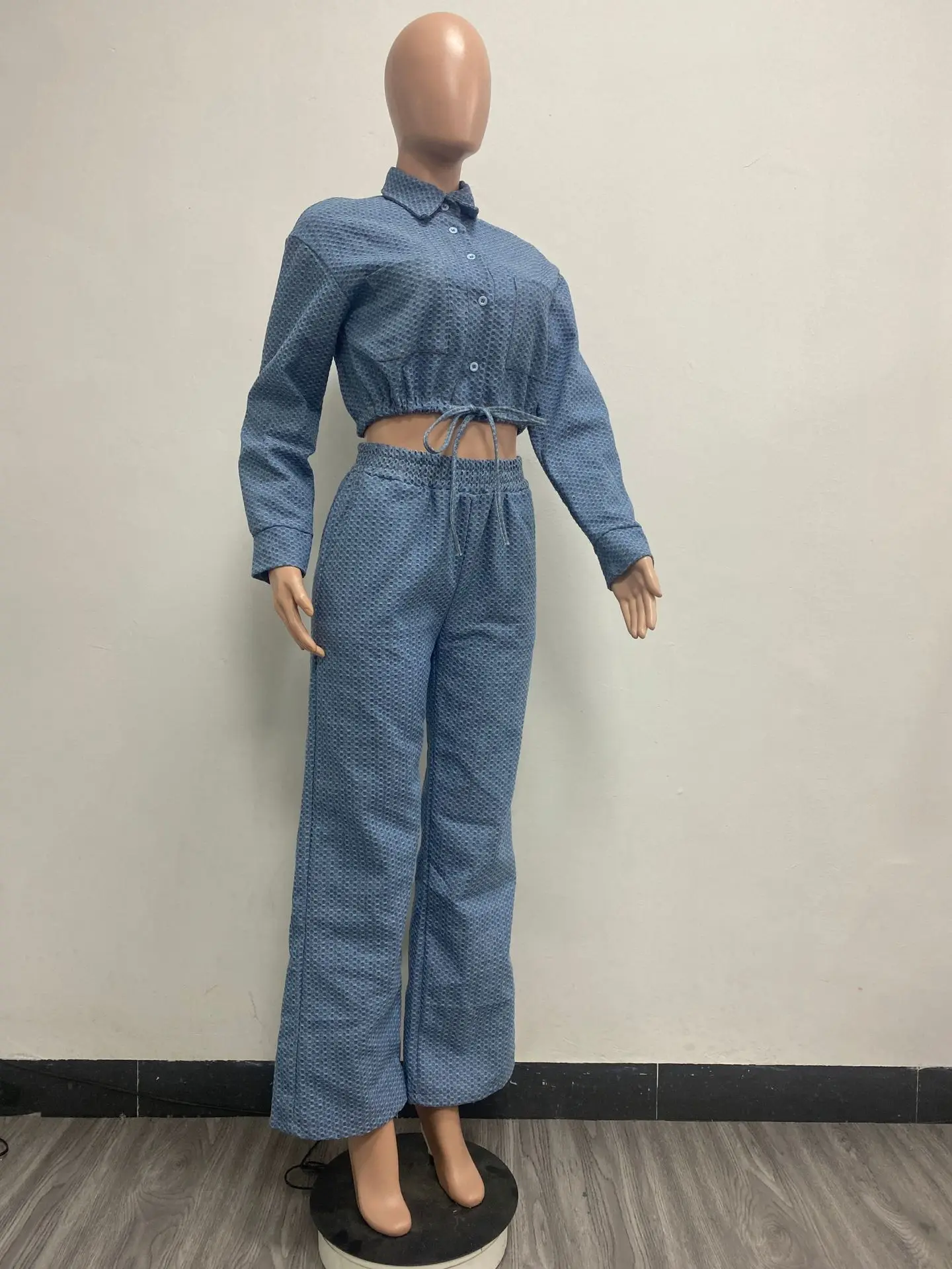 Fall Winter Women Two Piece Set Denim Jacket & Wide Leg Jean Fashion Casual Ladies Long Sleeved Coat And Loose Trousers Outfits