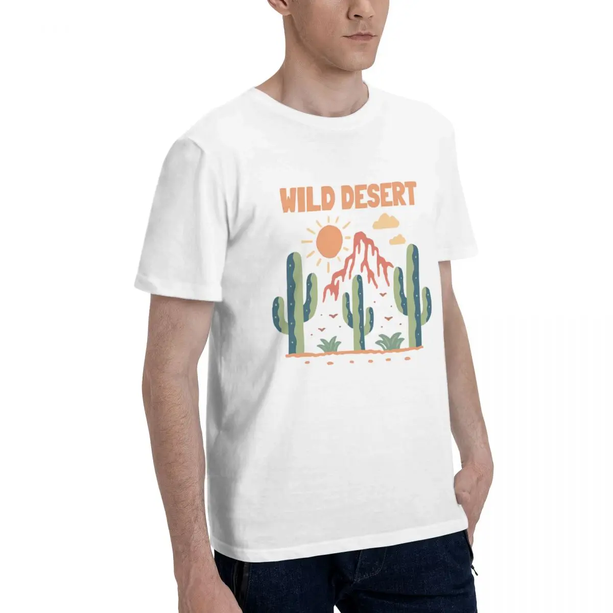 Mens T Shirt Printed Wild Desert Cactus 100% Cotton Short Sleeve Crew Neck Individuality Casual Men clothes Tees