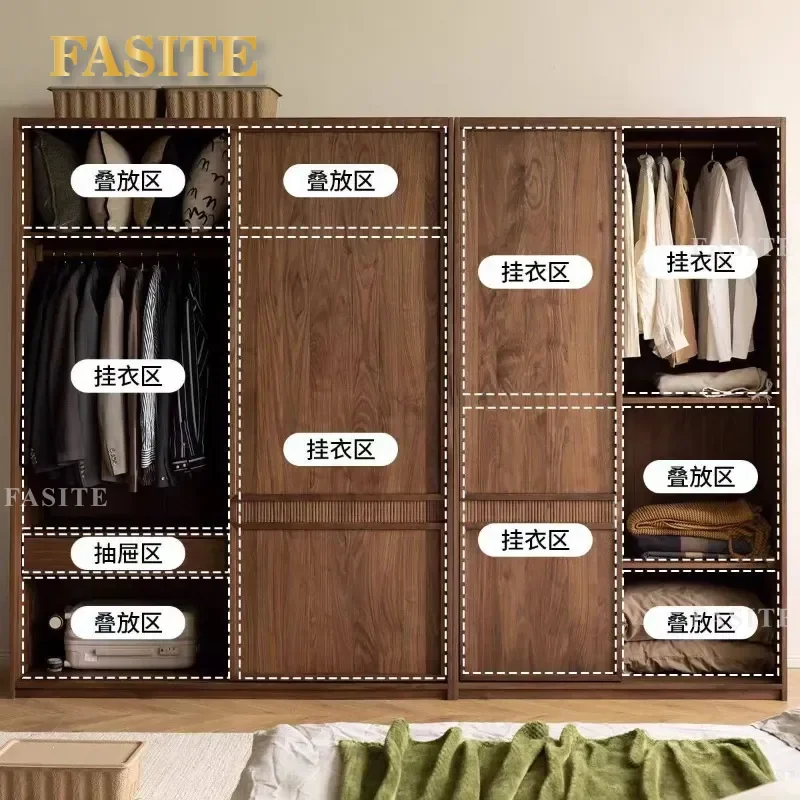 for North American Black Walnut Solid Wood Wardrobe Simple Household Bedroom Glass Door Sliding Door Combination Cabinet