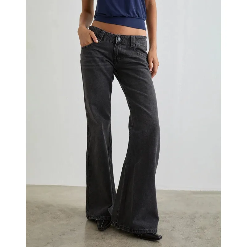 

Flare Pants Women Jeans Floor Length Streetwear Low Waist Strecth Pockets Vintage Distressed Washed Denims Trousers Boot Cut