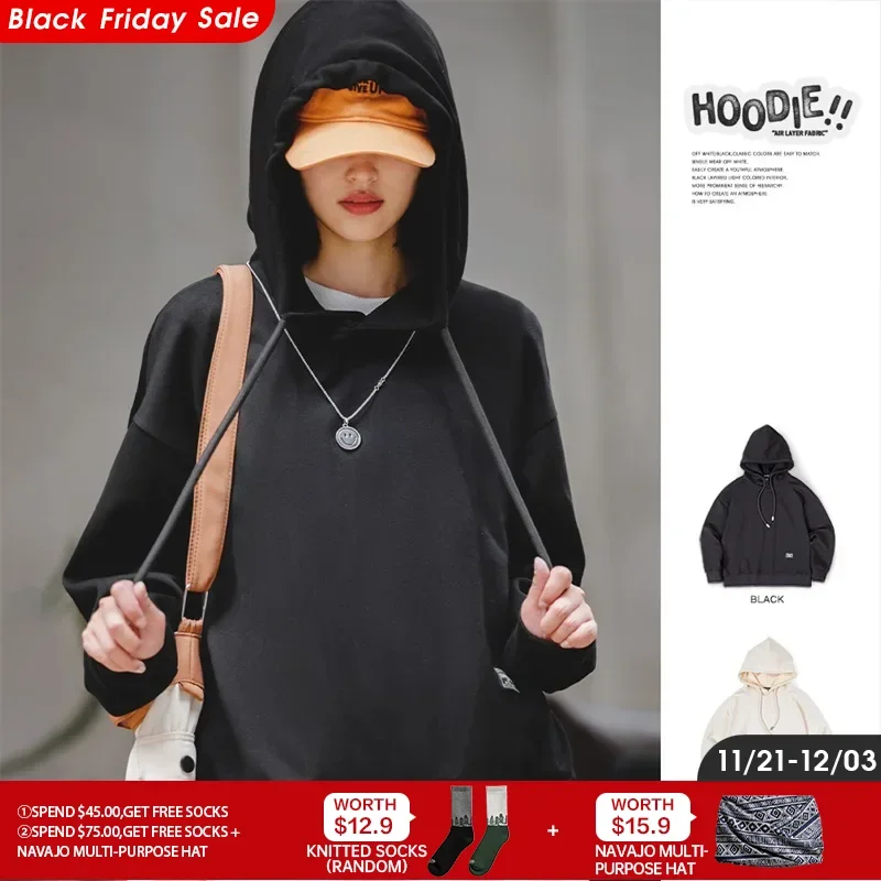 Maden Air Layer Fabric Hooded Sweatshirt for Women Loose-fit Solid Color Sweater Autumn Outerwear Black Hoodies Versatile Tops