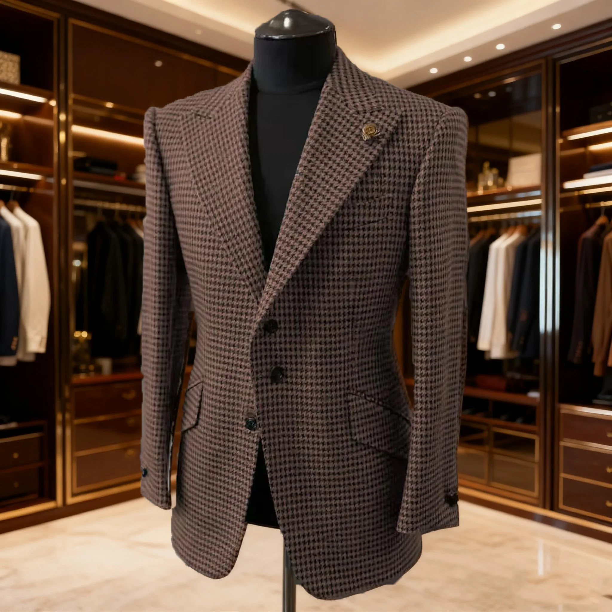

Men's Blazer Suit High Quality Houndstooth Peak Lapel Double Breasted Business Slim fit Grid Man Suits Jacket Formal Party