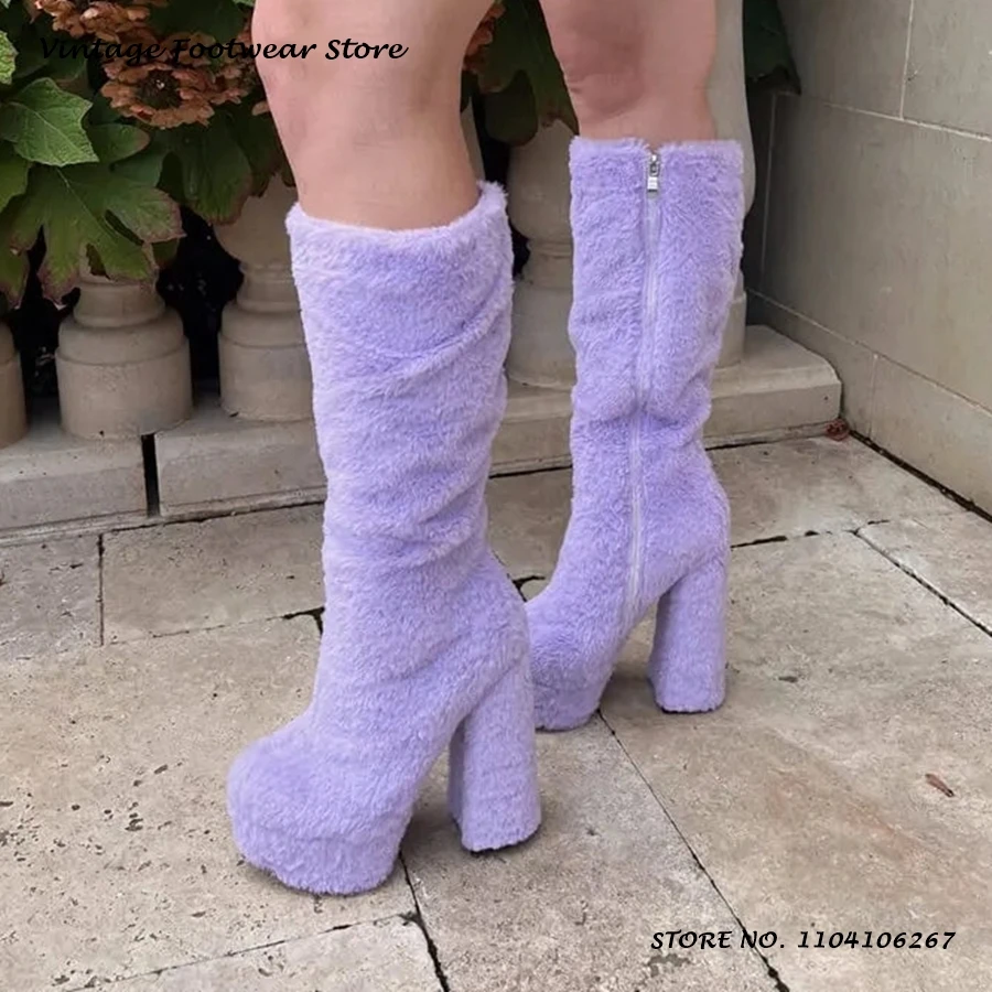 Fluffy Plush Platform Knee-high Boots Faux Fur Round Toe Block Heel Party Festival Shoes Women's Autumn Winter Zipper Boots