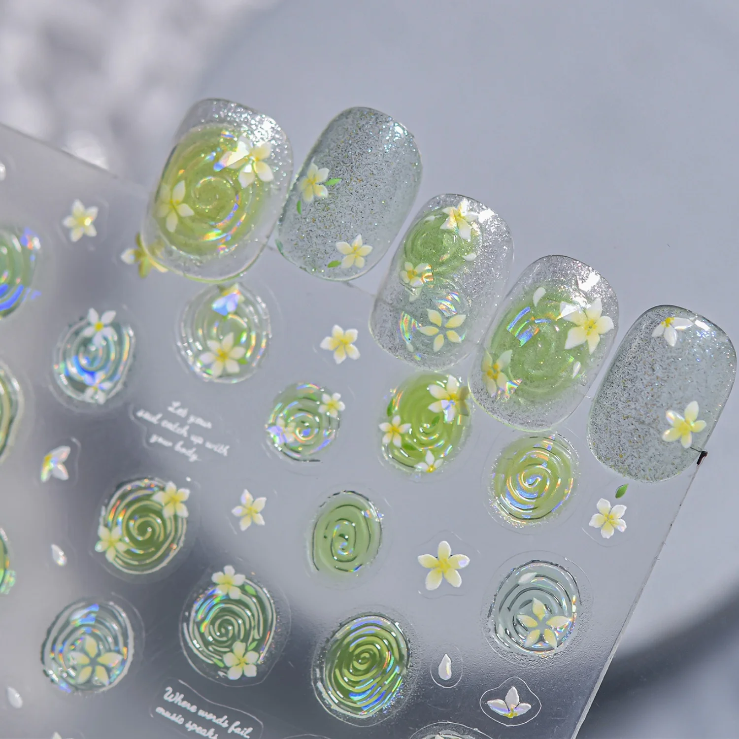 Erfrischende Frühlings-5D-Nagelaufkleber: Limettenblüten, Jasminblüten, Wasserwellen, Blasen, Sterne – Frischer grüner Stil Nagelsticker für DIY-Maniküre