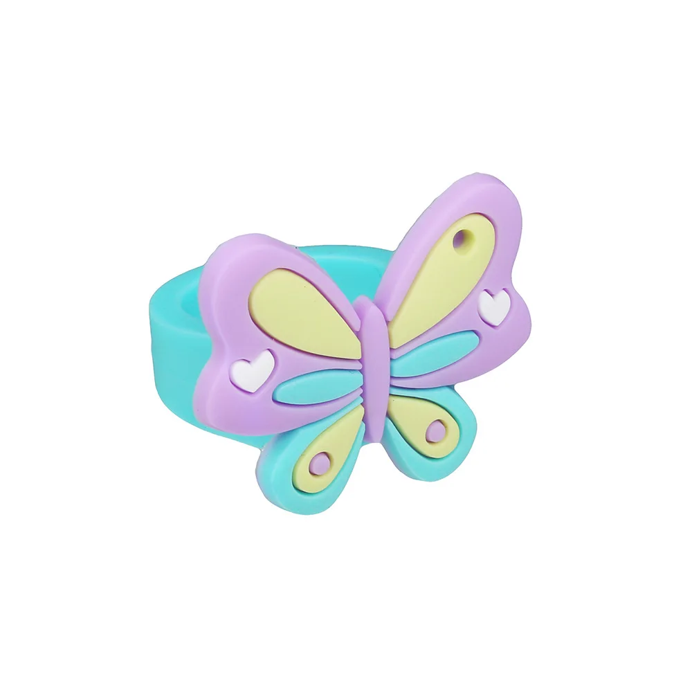 6Pcs Colorful PVC Butterfly Ring Birthday Party Decor Children's Cartoon Ring Baby Souvenirs Event Party Favors Kids Gift