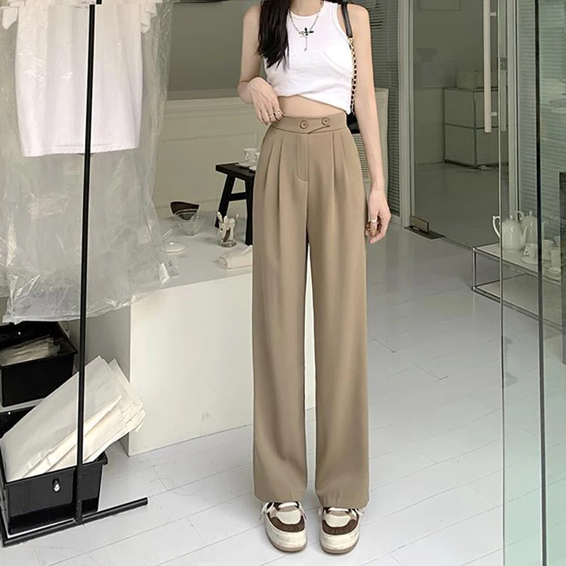 

Wide Office Trousers for Women 2023 High Waist White Straight Stacked Pants with Pockets Double-button Classic Women's Trousers