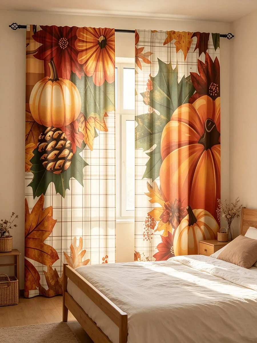 2PCS Digital Printed Curtains, Fall Pumpkin Floral Plaid Pattern, Vintage Farmhouse Holiday Style for Living Room Bedroom Home D
