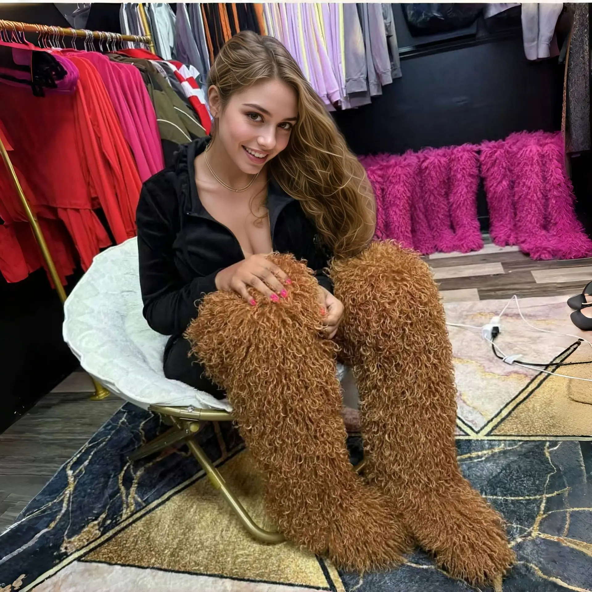 

Женские зимние уличные сапоги выше колена высотой 72 см, теплые сапоги с имитацией пляжной шерсти, высокие сапоги с мехом, волосатые зимние сапоги, противоскользящие сапоги