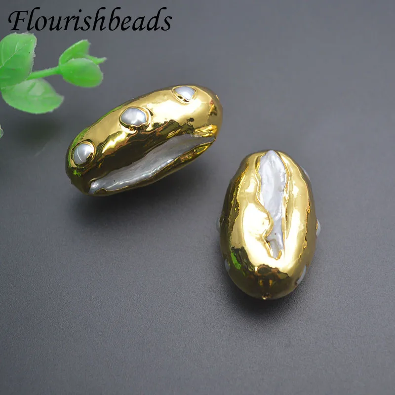 5pcs/lot 18k Gold Plated Natural Freshwater Pearl Loose Bead Long Oval Bead for DIY Necklace Making Accessories