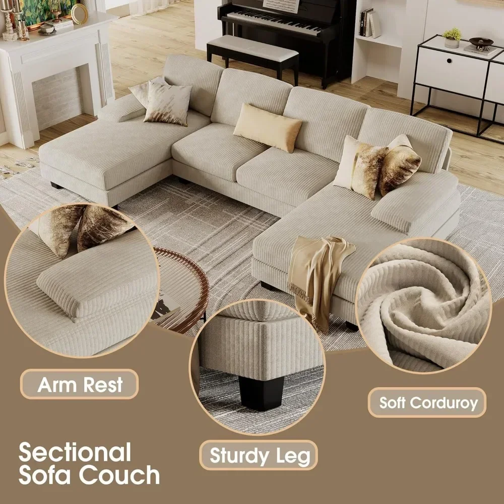 Sectional Couches for Living Room, U-Shaped Sofa Couch with Soft Corduroy, 4 Seat Sofa Set with Double Chaise for Apartment