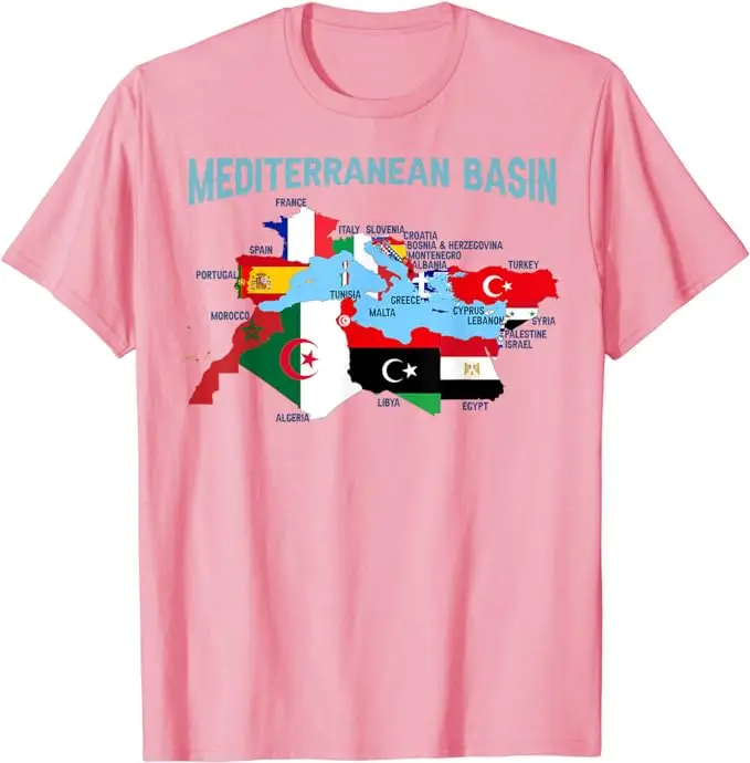 Mediterranean Countries European Flags Maps Tee, Map of Europe Mediterranean Basin T-Shirt Short Sleeve Blouses Political Outfit