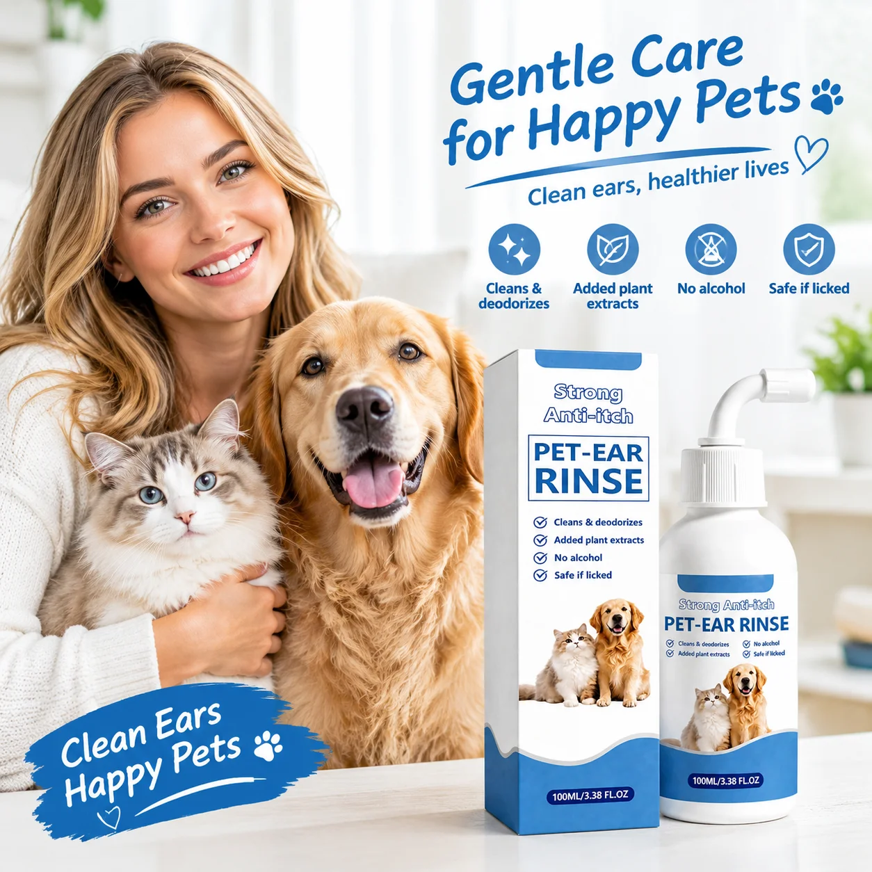 Pet Ear Stain Cleaner  Gentle Cleaning Odor Removing  Plant Extracts Easy Rinse Pet Ear Cleaning Liquid Daily Pet Ear Grooming