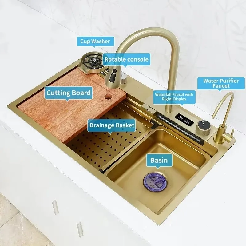 Kitchen Sink Gold 304 Stainless Steel Nano Handmade Multifunctional Above Counter Washing Sinks With Pull Down Faucet